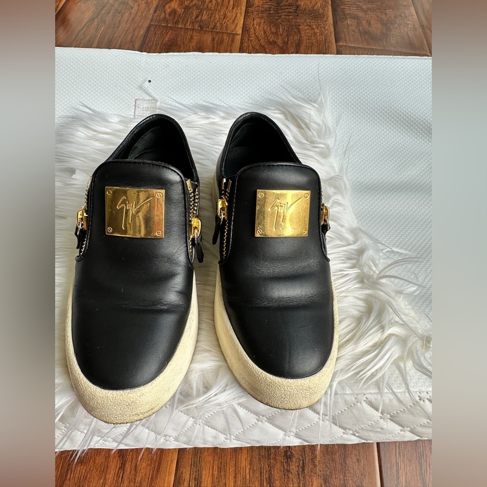 Giuseppe Zanotti Black Leather Slip-On Sneakers with Gold Plaques